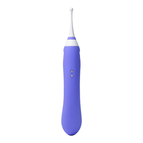 Purple dual-ended vibrator with a white tip and two gold buttons.