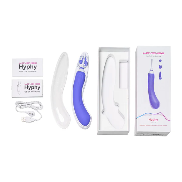 Purple Lovense Hyphy dual-end vibrator with accessories and packaging.