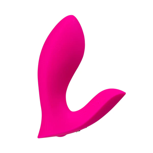 A bright pink, curved dual panty vibrator with a G-spot motion feature.