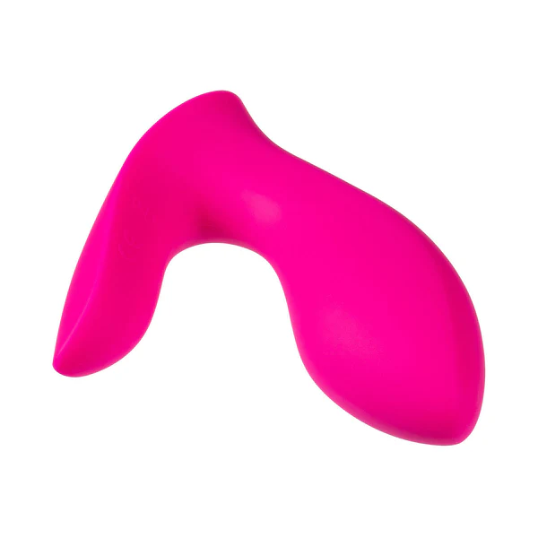 A bright pink dual panty vibrator with a curved shape.