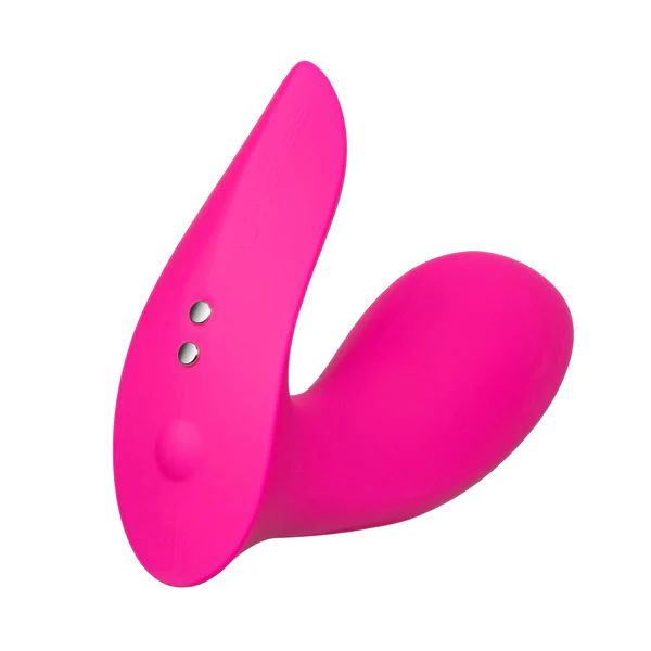 A bright pink, curved dual panty vibrator with two silver control buttons.