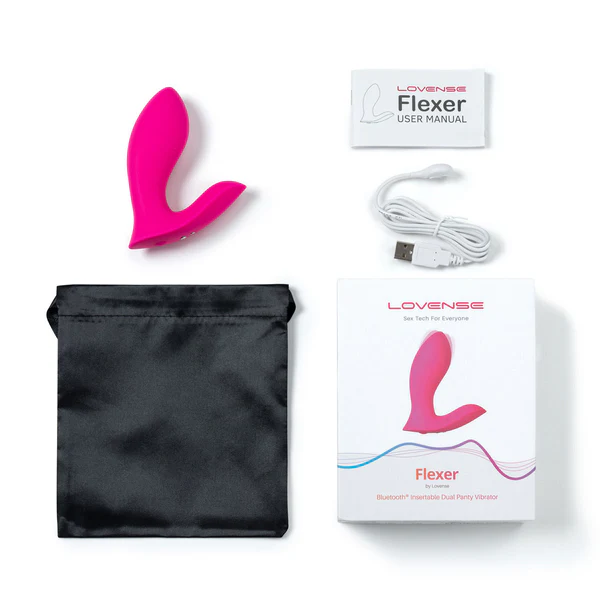 Pink Lovense Flexer dual panty vibrator with charging cable, manual, storage bag, and box.