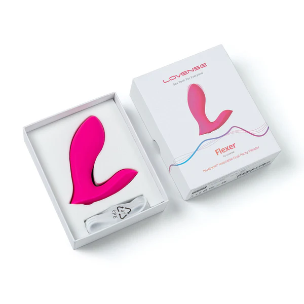 Pink dual panty vibrator in its box with charging cable.