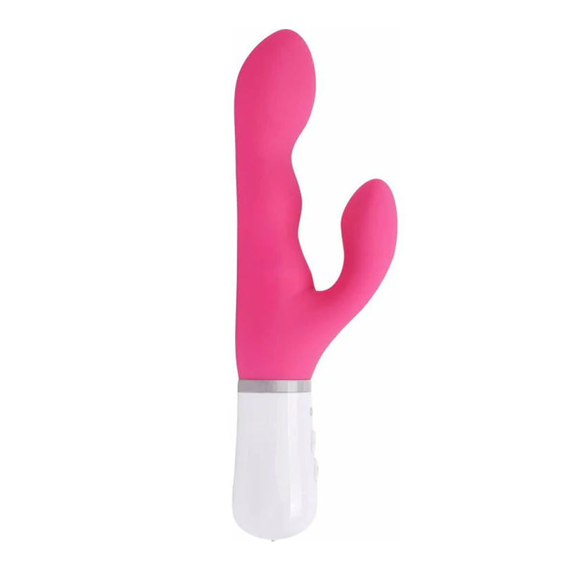 Pink app-controlled rotating rabbit vibrator with a white base.