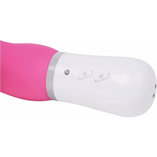 Pink Nora app-controlled rotating rabbit vibrator with white control panel.