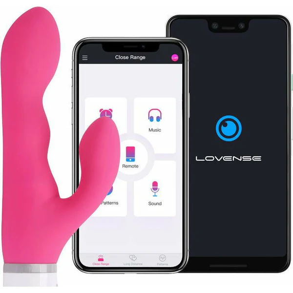 Pink Nora app-controlled rotating rabbit vibrator by Lovense shown with two smartphones.
