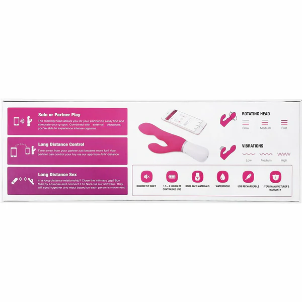Pink Nora app-controlled rotating rabbit vibrator with multiple vibration settings.