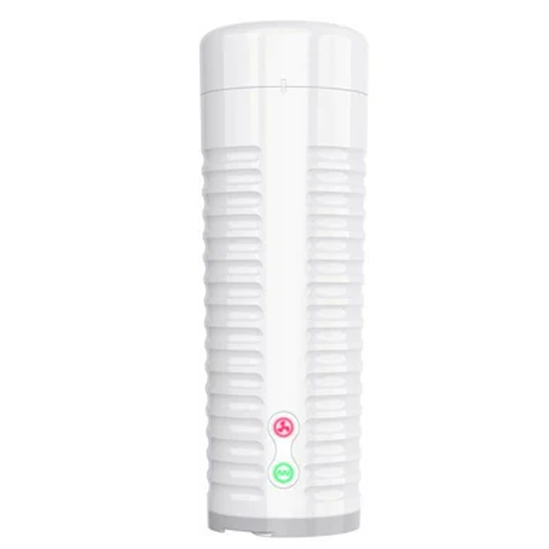White ribbed male masturbator with two control buttons.