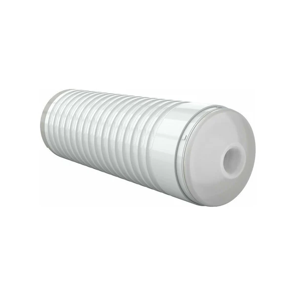 App-controlled vibrating male masturbator with a ribbed texture and white cap.