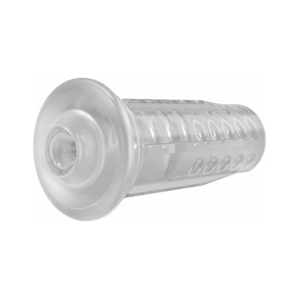 Clear vibrating male masturbator with textured interior and textured outer sleeve.
