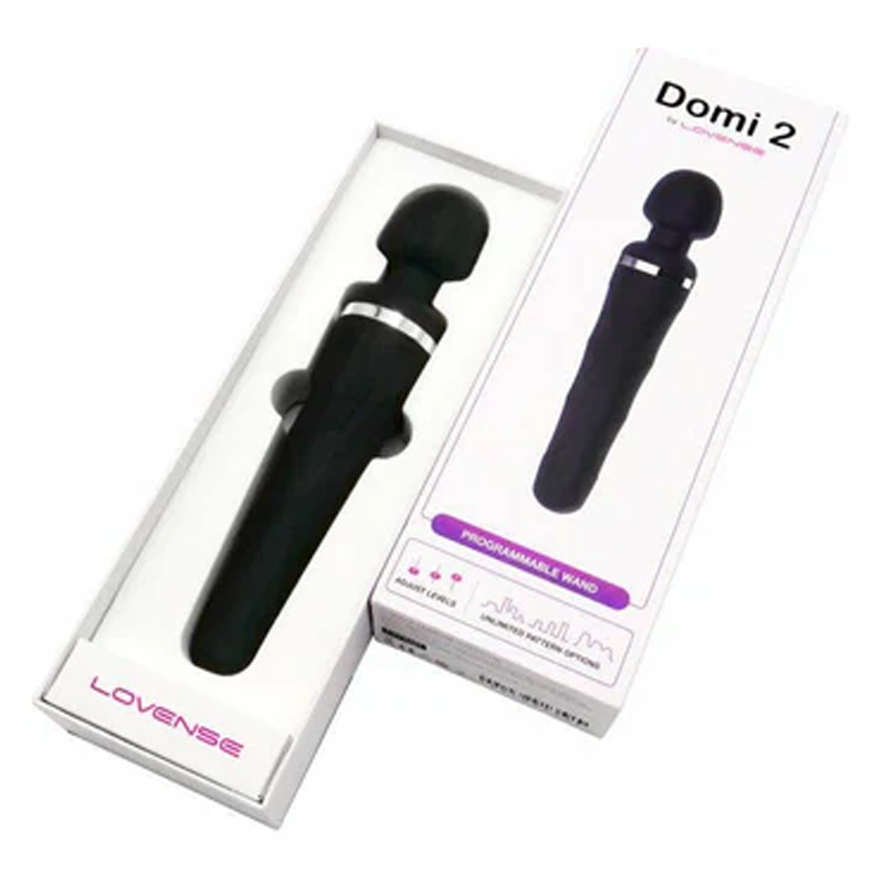 Black Lovense Domi 2 programmable wand in packaging.