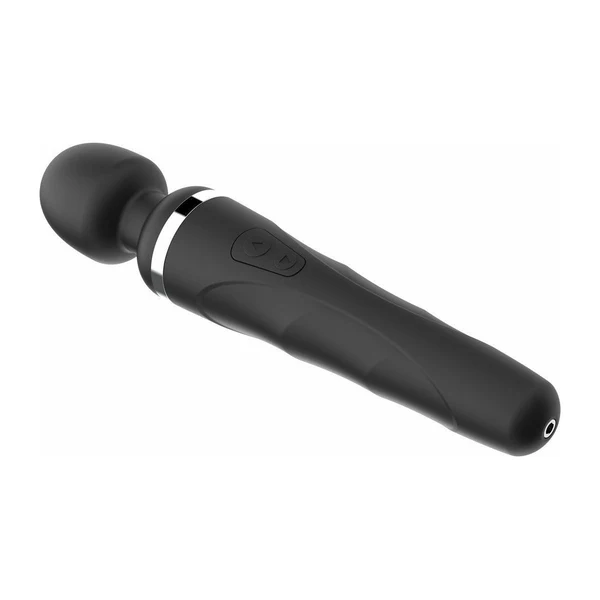 Black wand vibrator with silver ring and two buttons.