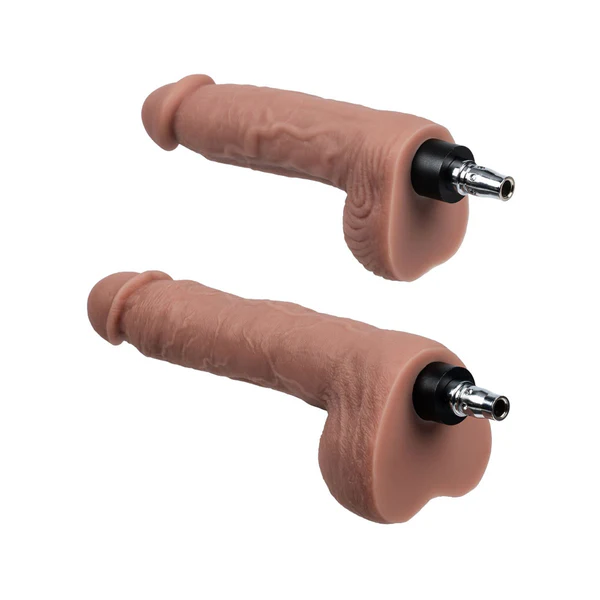 Two tan realistic silicone dildos with Vac-U-Lock adapters for sex machine.