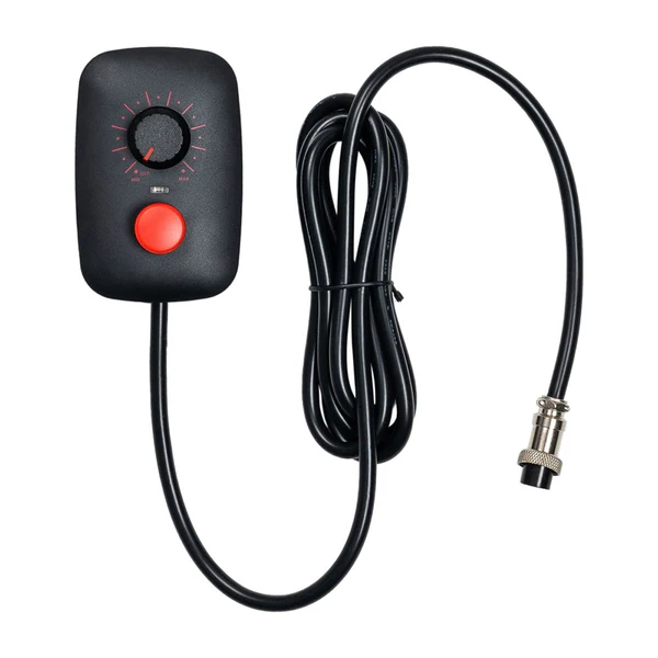 Black wired controller with a red button and a dial.