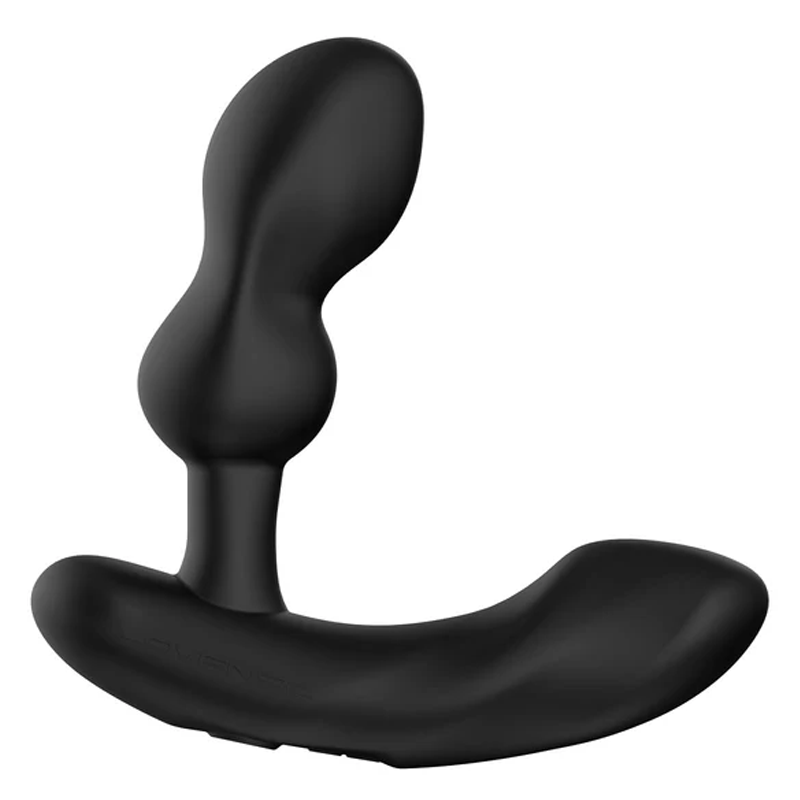 Black silicone prostate massager with a curved base and bulbous top.