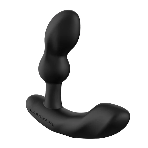Black silicone Lovense Edge 2 prostate massager with a curved base.
