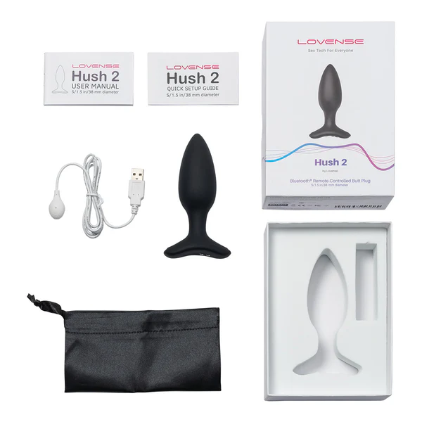 Lovense Hush 2 app-controlled vibrating butt plug with charging cable and pouch.