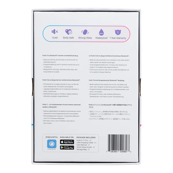 Hush 2 app-controlled vibrating butt plug with quiet, body-safe, strong vibes, waterproof, and 1-year warranty.