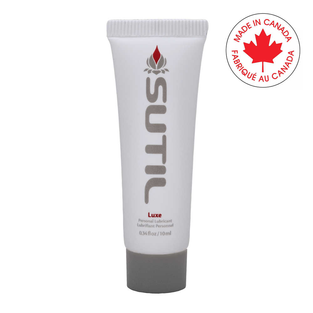 Sutil Luxe personal lubricant sample tube with a "Made in Canada" emblem.