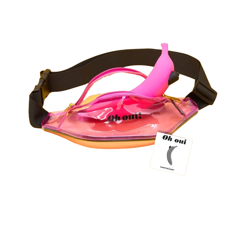 Pink banana-shaped vibrator with a clear fanny pack and a tag.