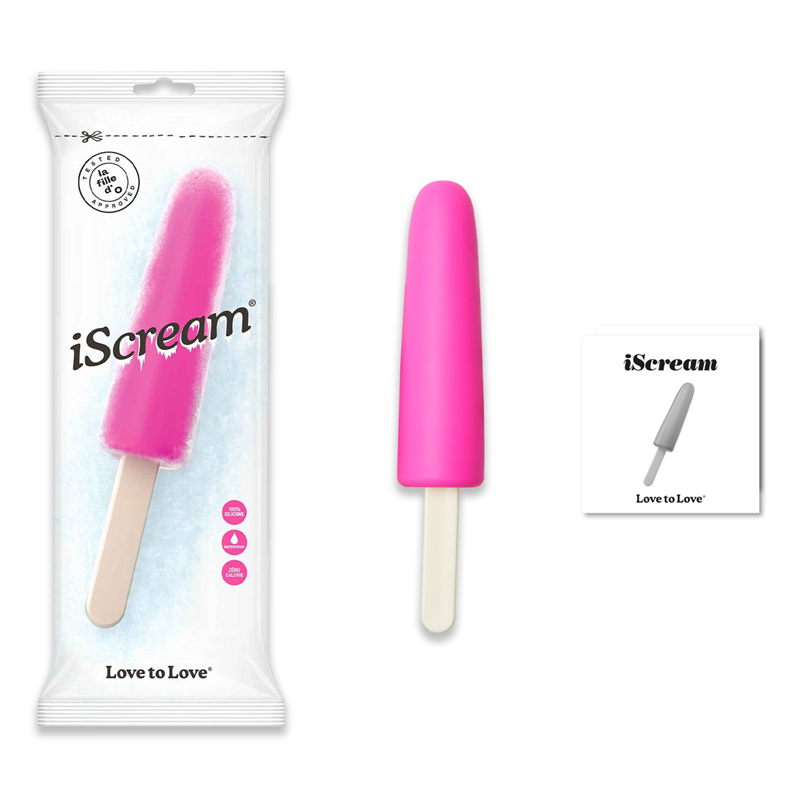 Pink silicone dildo shaped like a popsicle with "iScream" branding.