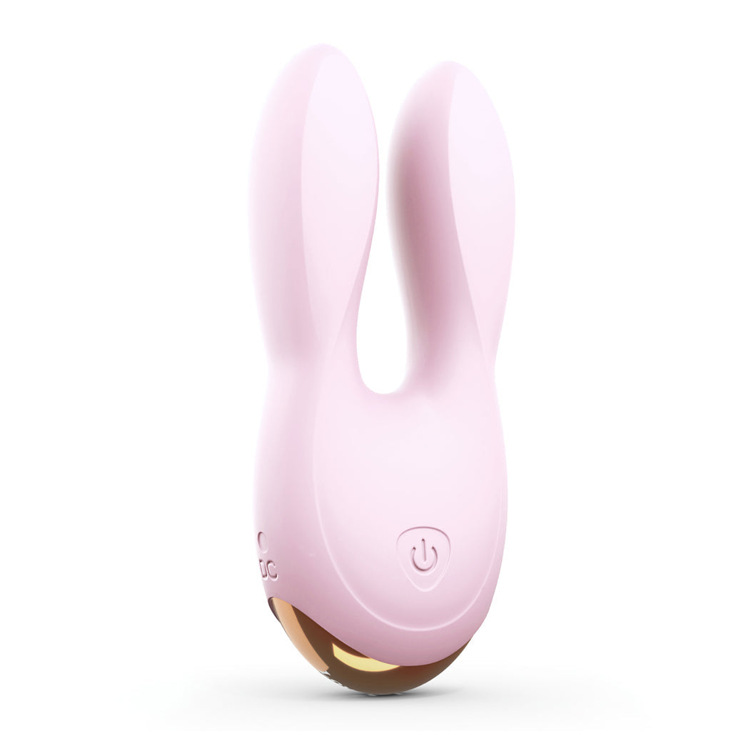 Pink dual motor silicone clitoral vibrator with bunny ears.