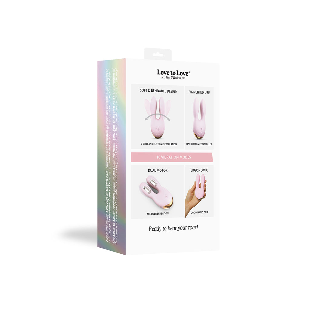 Pink dual motor silicone clitoral vibrator with flexible ears and 10 vibration modes.