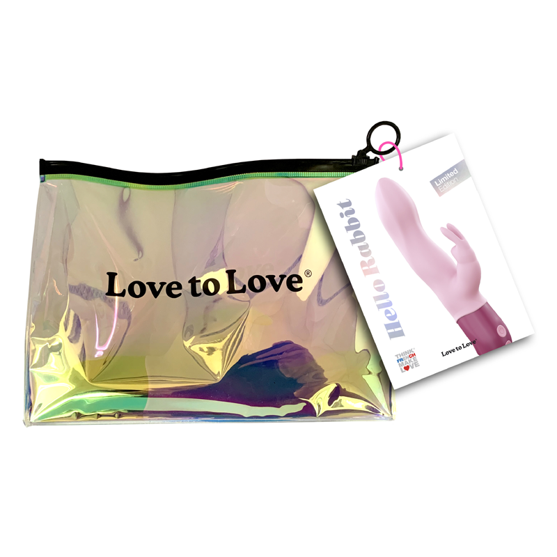 A pink Hello Rabbit vibrator in a holographic pouch with a product card.