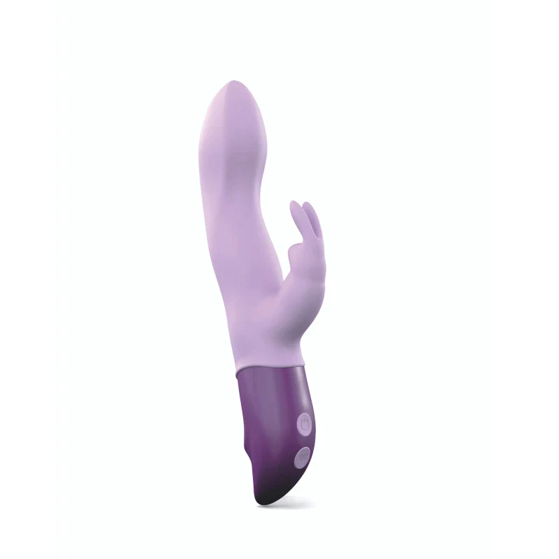 Purple rechargeable rabbit vibrator with curved tip and flexible ears.
