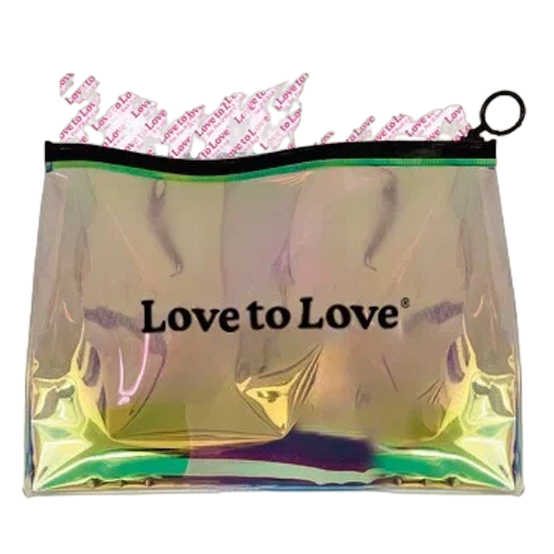 Iridescent pouch with "Love to Love" logo and zipper.