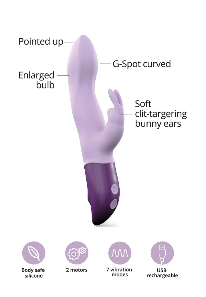 A Viva Mauve Hello Rabbit vibrator with G-spot curve and bunny ears.