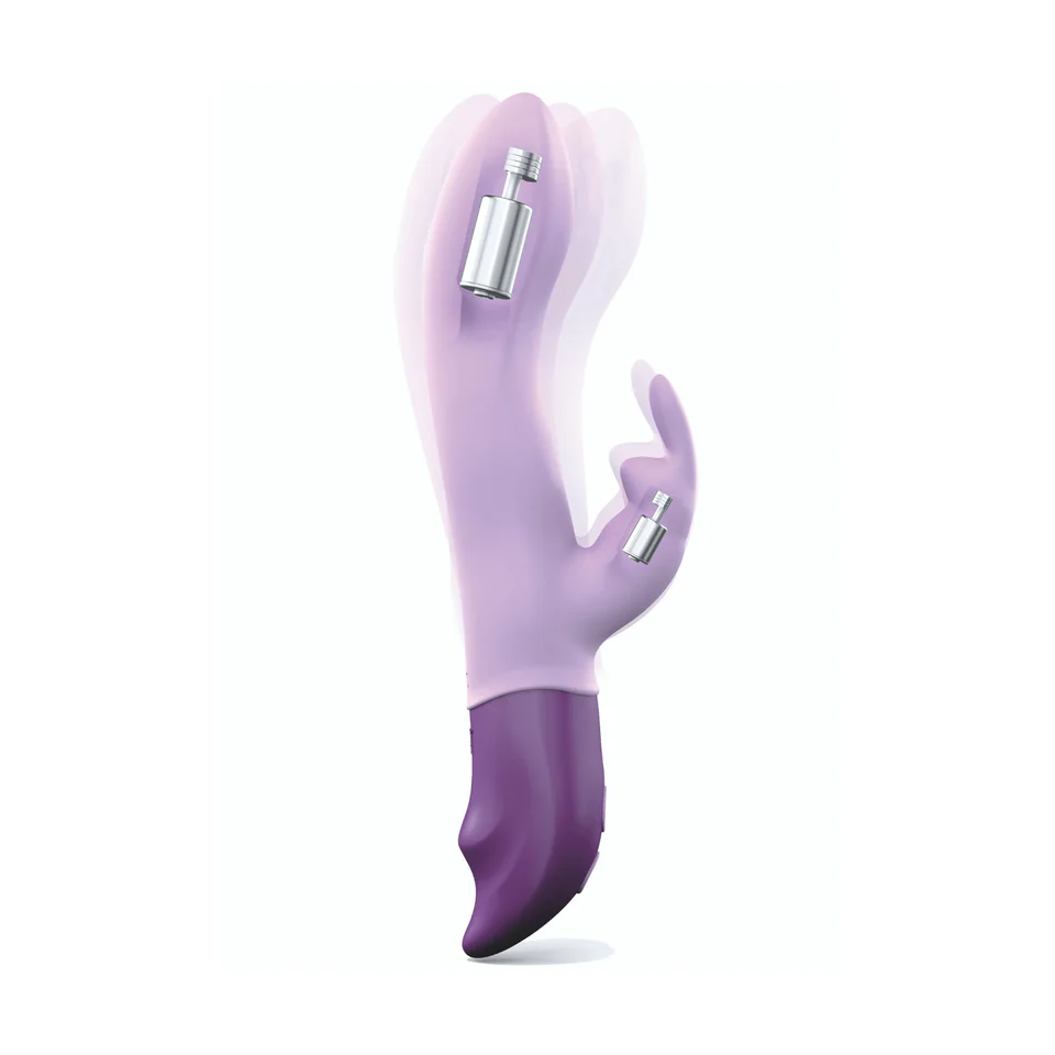 A purple and pink vibrator with two silver vibrating attachments.