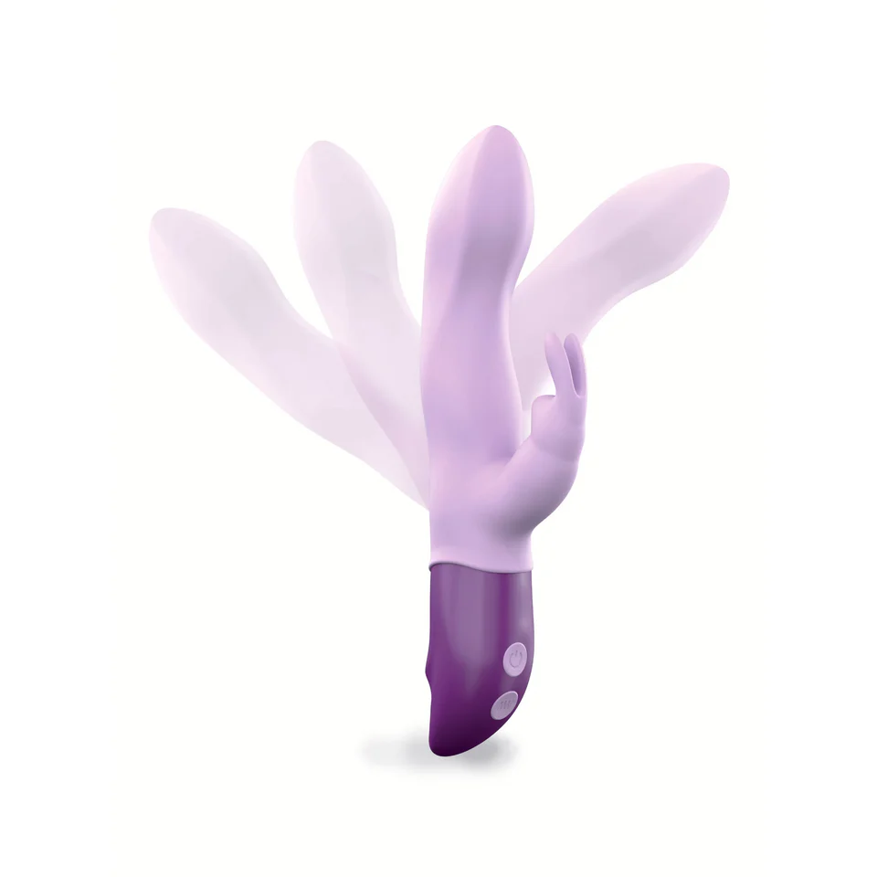 A purple and pink vibrator with multiple blurred positions.