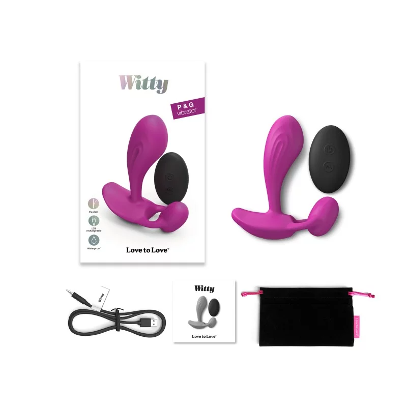 Witty remote control G-spot and anal silicone vibrator with USB charging cable and storage pouch.