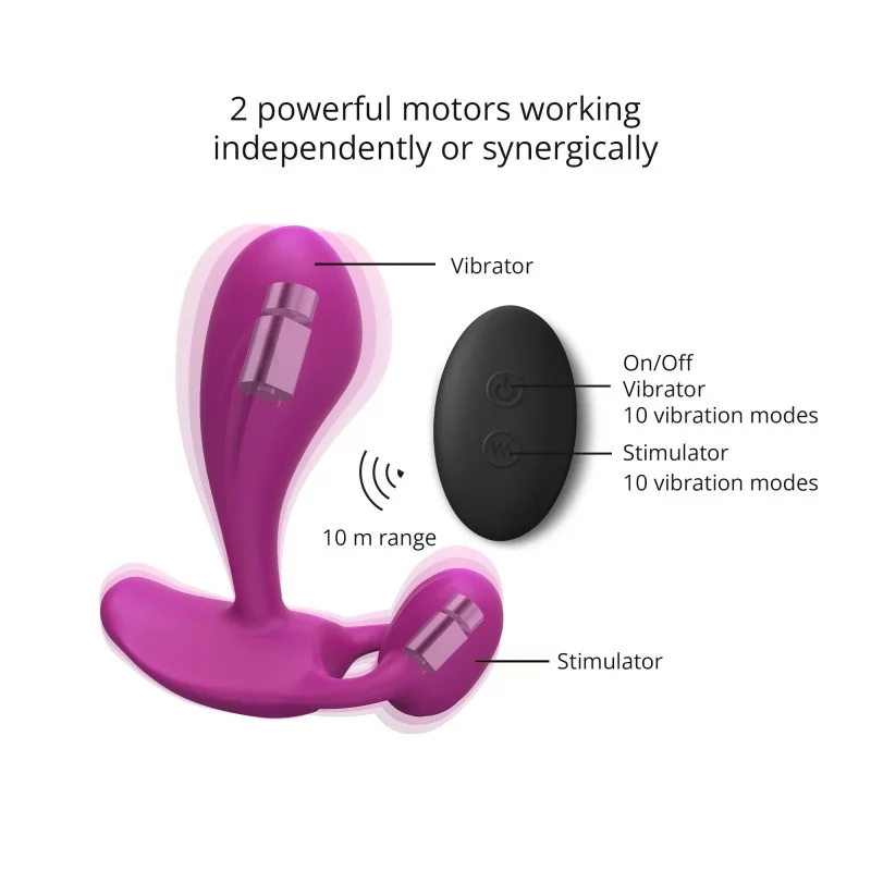 A purple remote-controlled vibrator with two motors and 10 vibration modes.