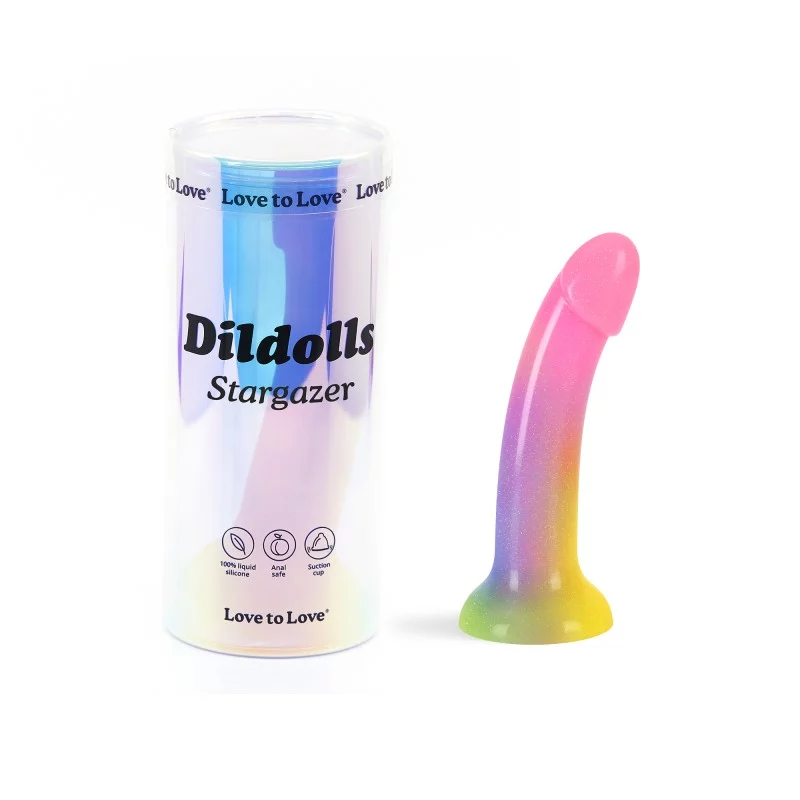 Stargazer liquid silicone dildo with suction cup in rainbow colors.