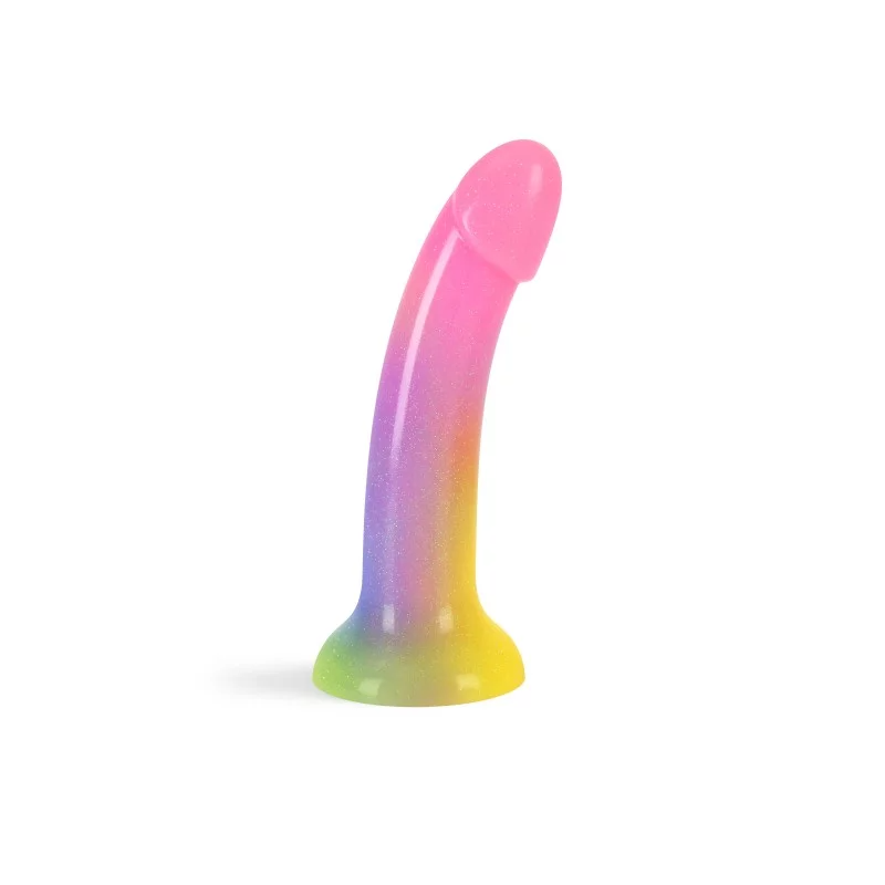 Curved multi-colored liquid silicone dildo with suction cup base.