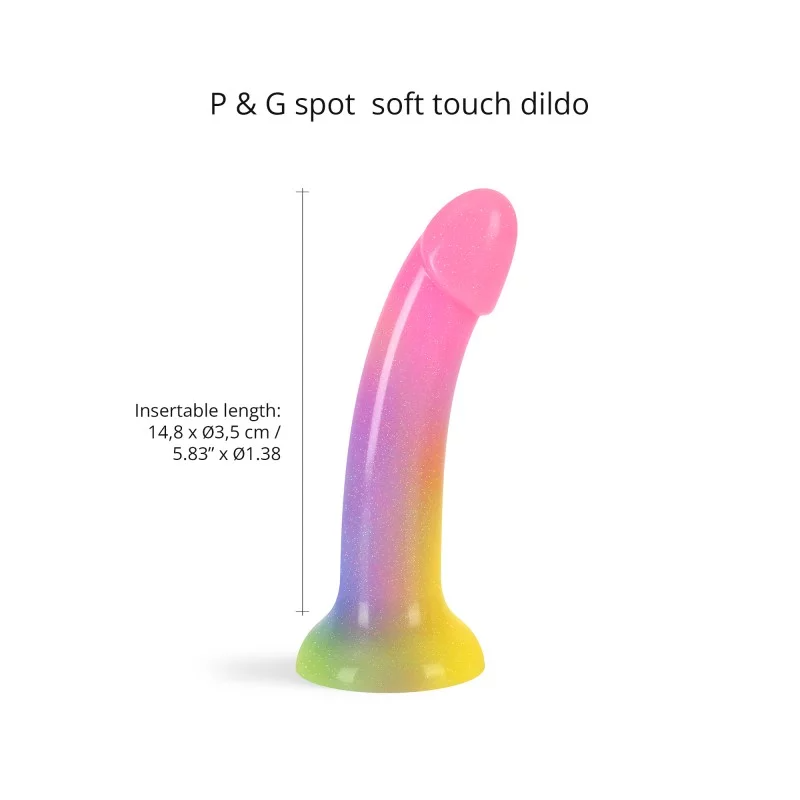 Stargazer curved liquid silicone dildo in rainbow gradient with suction cup base.