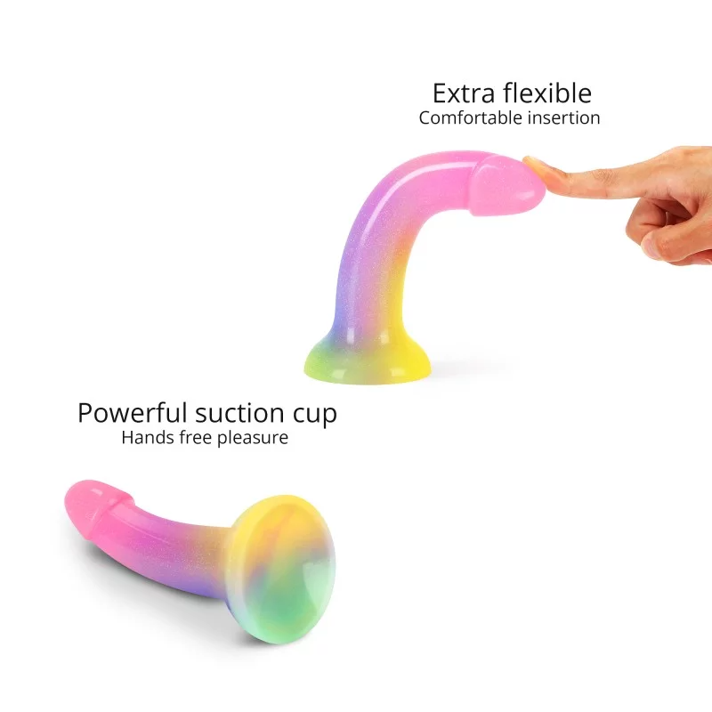 Rainbow gradient silicone dildo with a suction cup base.