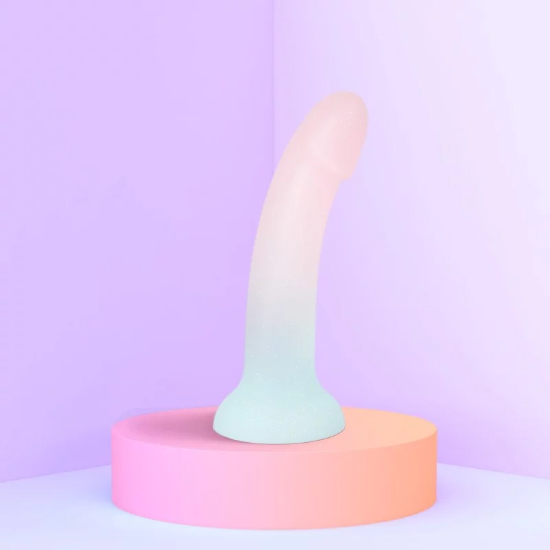 Curved pink and blue silicone dildo with a suction base.