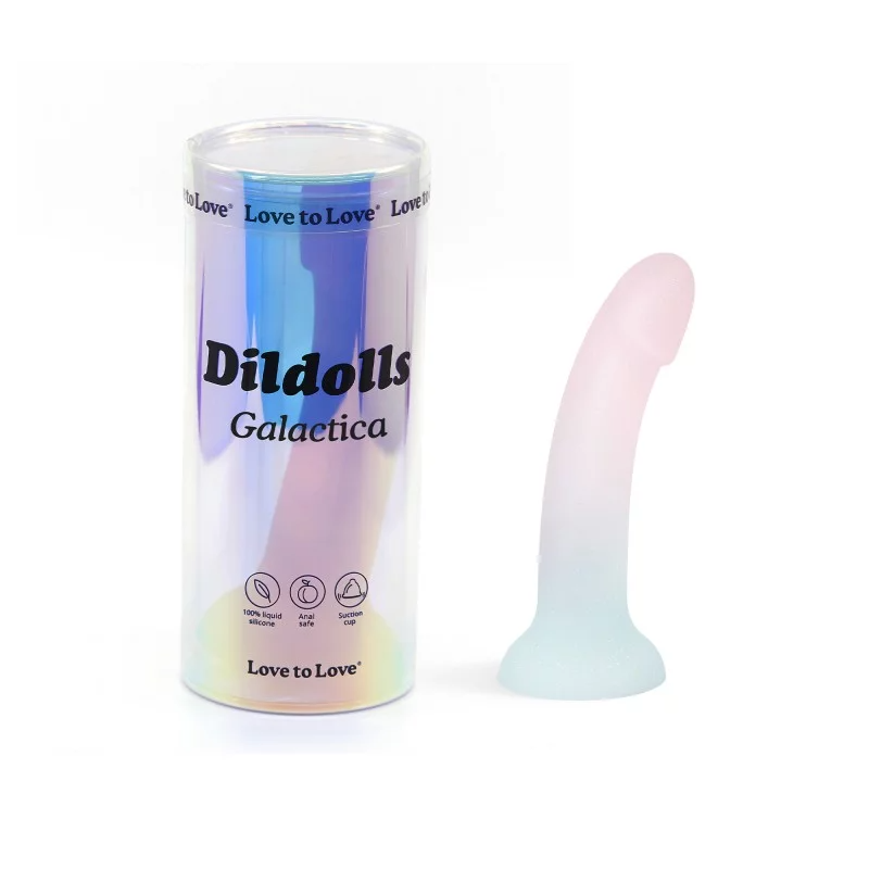 Galactica curved silicone dildo with suction base in pink and blue.