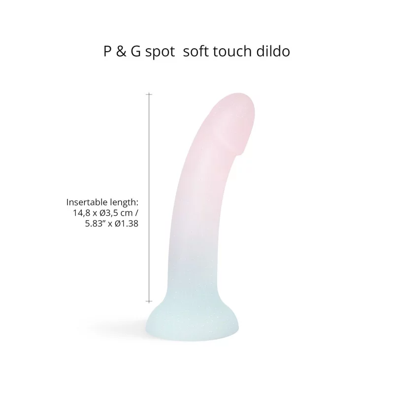 Pink curved silicone dildo with suction base, 5.8 inches long and 1.3 inches diameter.