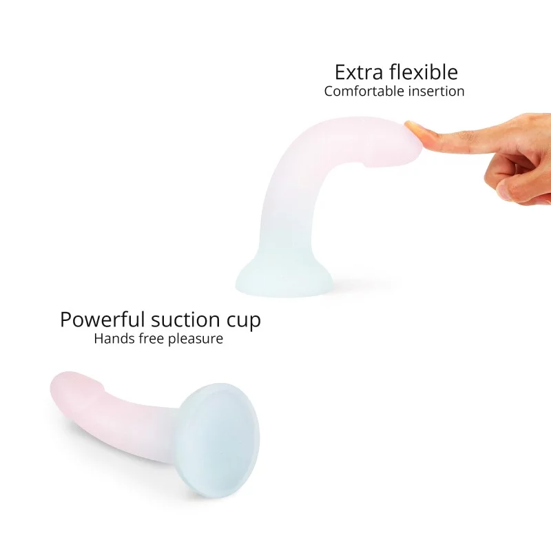 Curved pink and blue silicone dildo with a suction base.