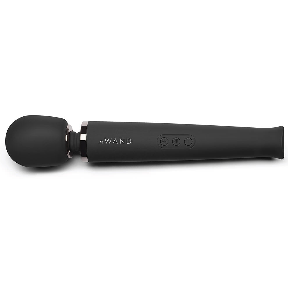 Black rechargeable wand massager with "Le Wand" logo and control buttons.