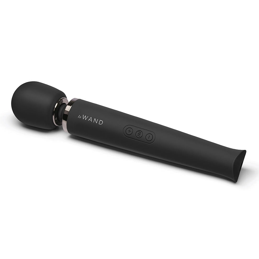 A black rechargeable wand massager with a silicone head and control buttons.