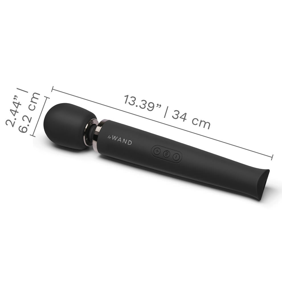 A black rechargeable wand massager with dimensions labeled.