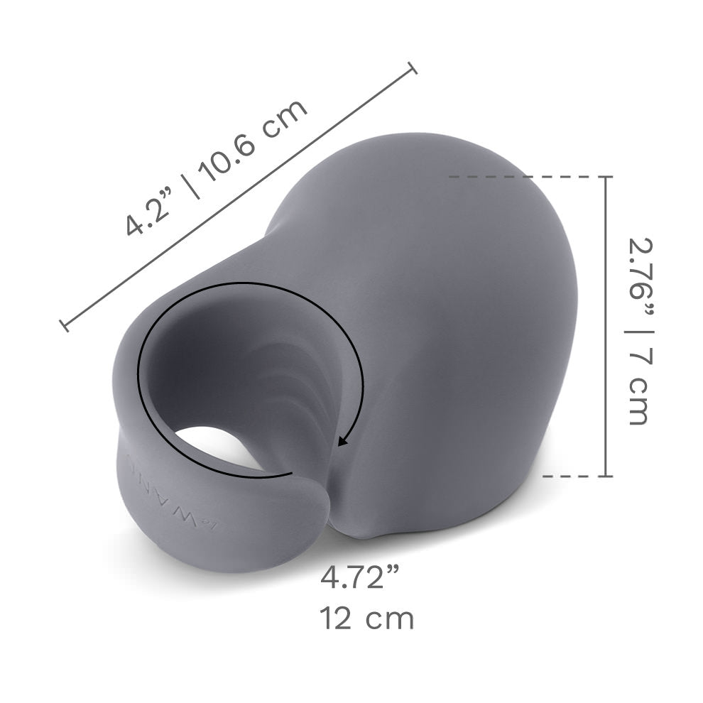 A grey silicone loop wand attachment and cock ring with dimensions shown.