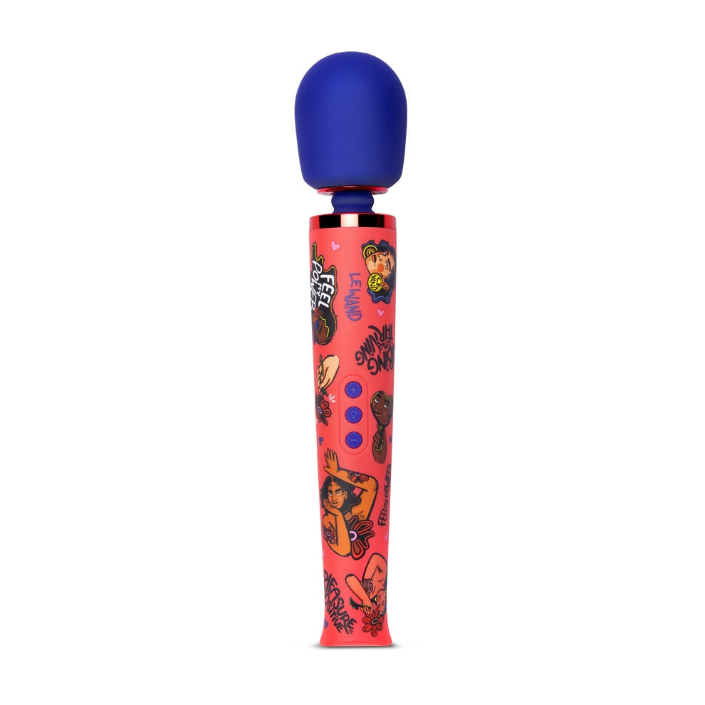 A coral wand vibrator with blue tip and colorful graphics.