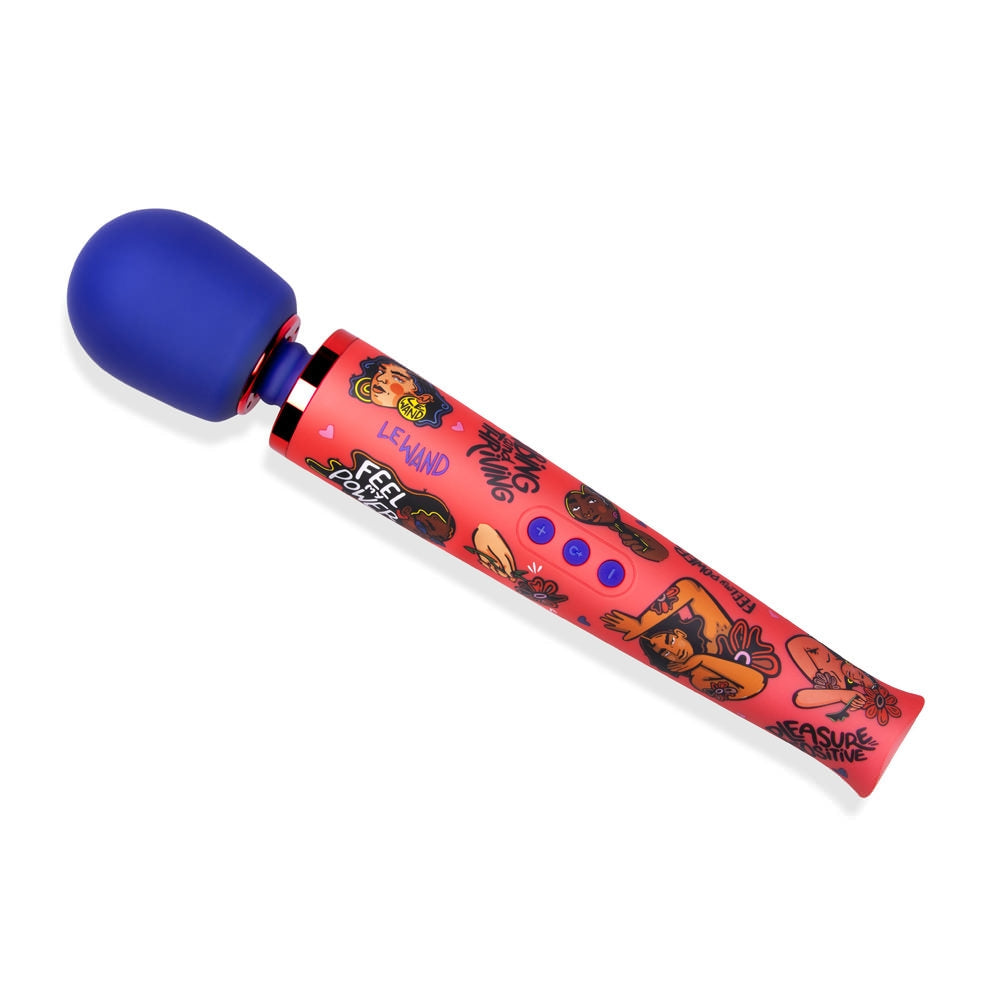 A red wand vibrator with blue tip and colorful illustrations.