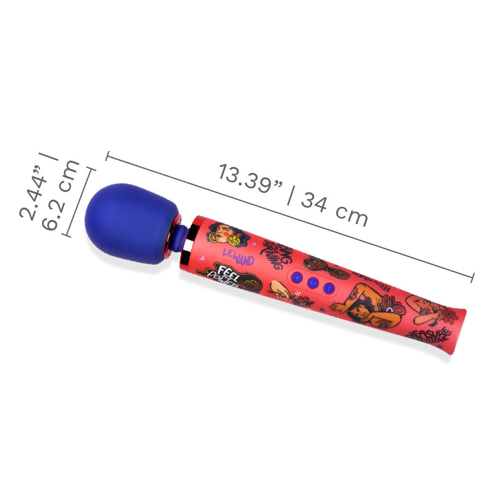 A blue and red wand vibrator with measurements and graphics.